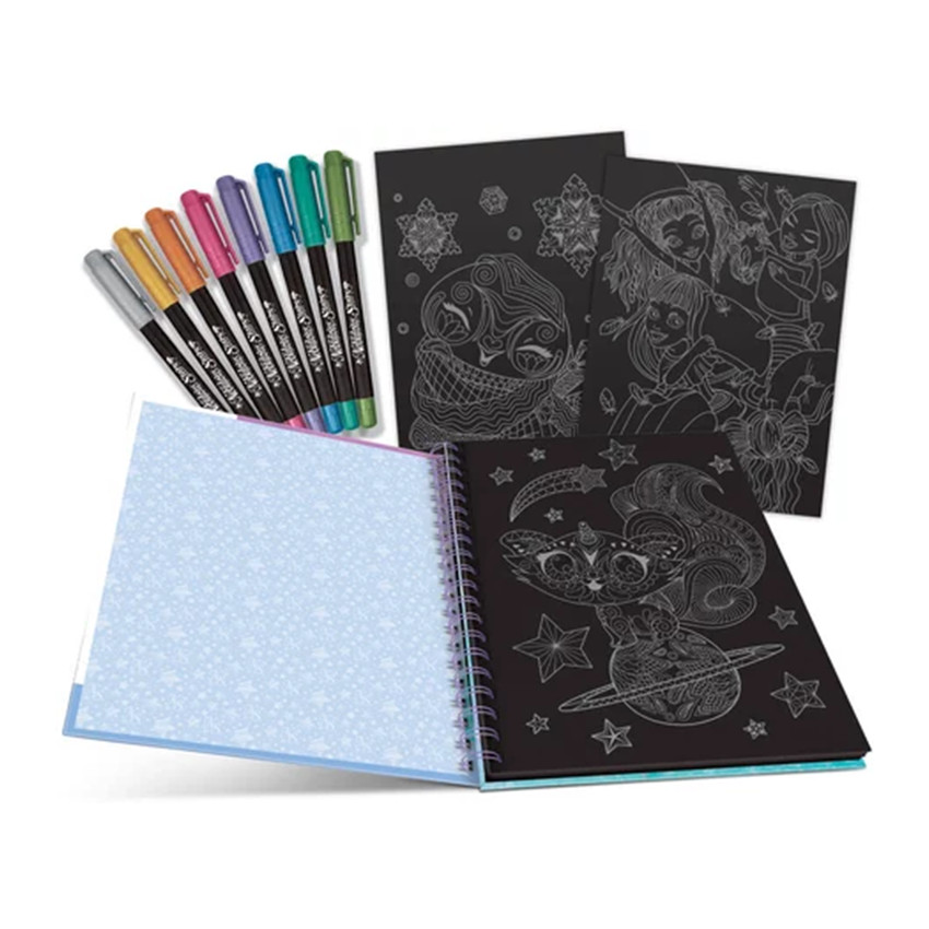 Carnet de coloriage à pages noires et crayons gels métalliques Isadora  