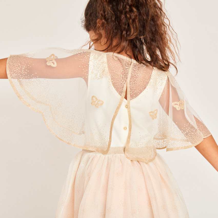 Mouwloze bi-materialen jurk met vlindercape voor meisjes 