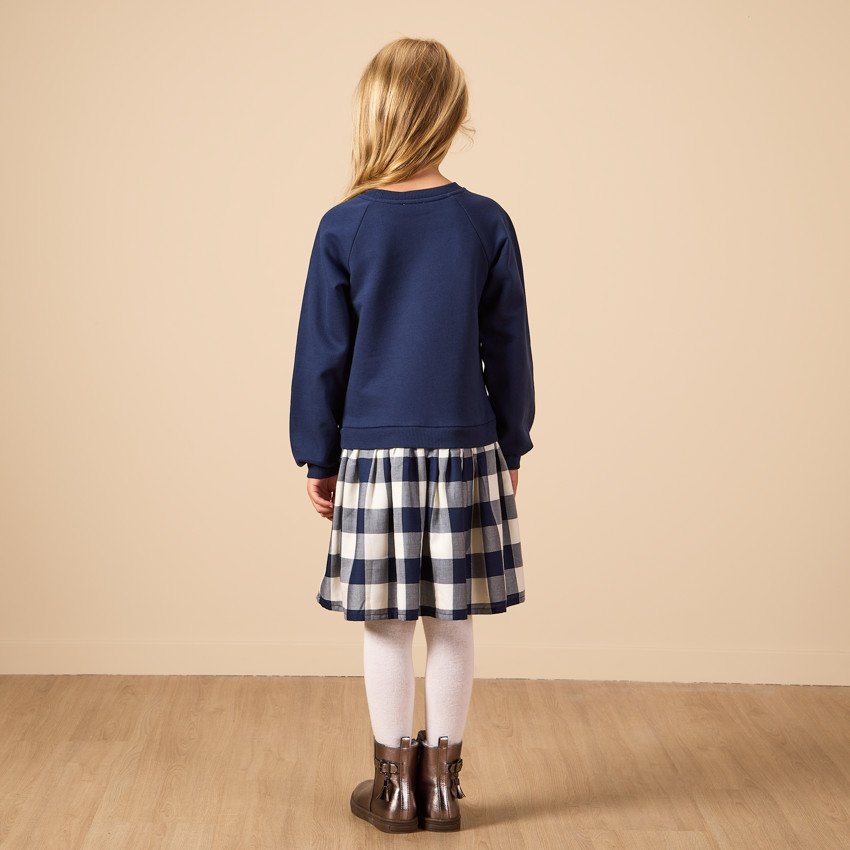 Lange mouwen bi-materiaal jurk met geruite onderkant voor meisjes 