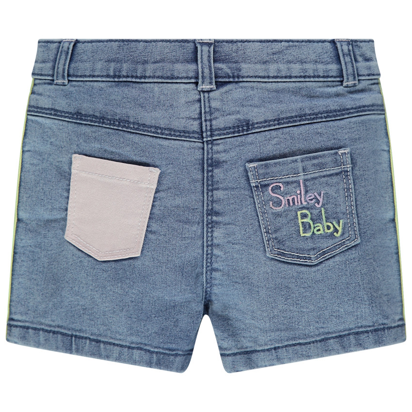 Short en jean effet used à bandes contrastées et Badges Smiley Baby 