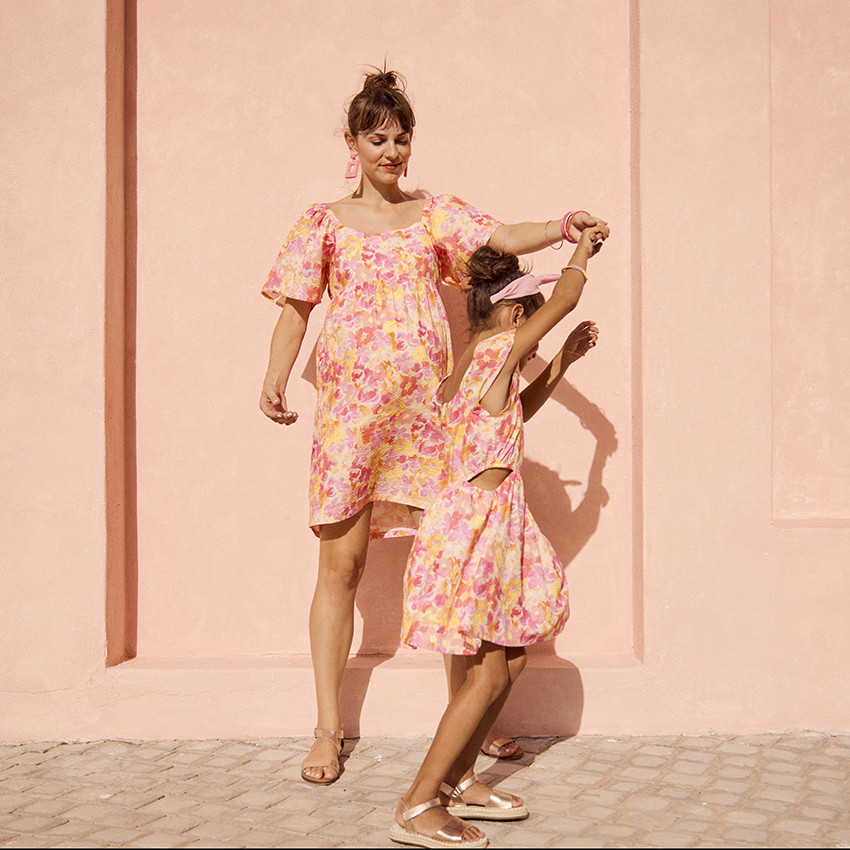 Korte mouwen jurk in seersucker met bloemenprint voor meisjes 