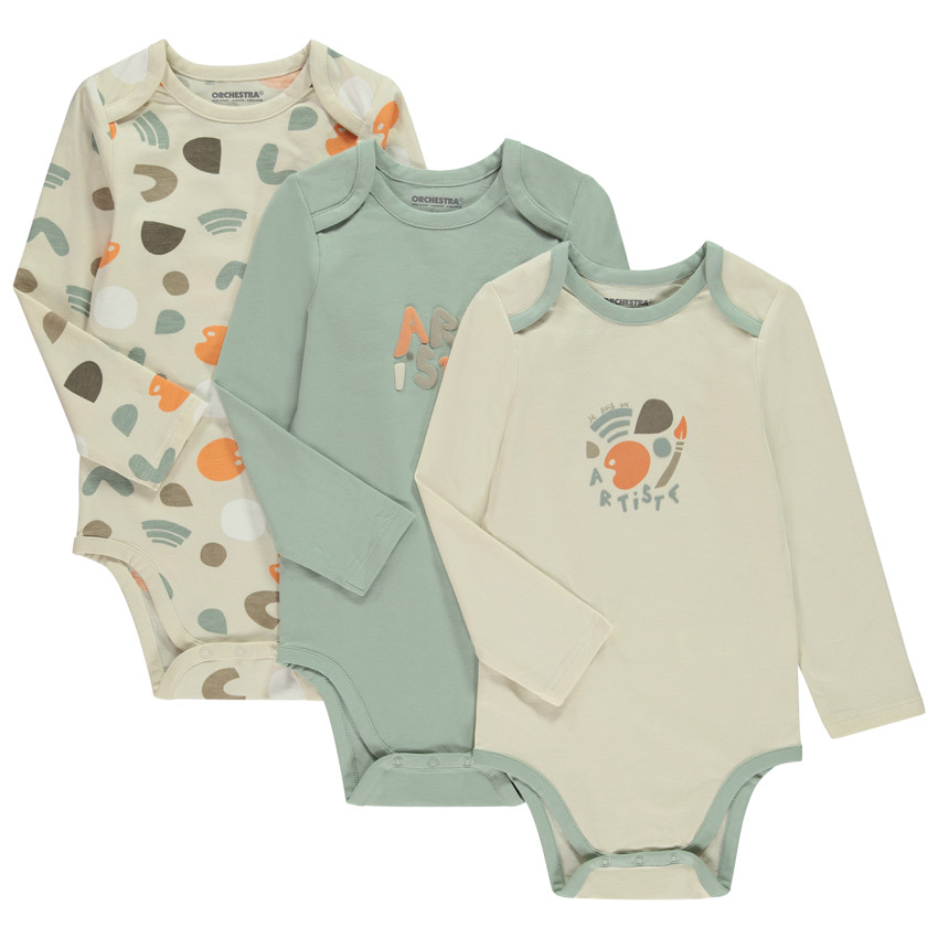 Lot de 3 bodies manches longues motif arty pour bébé garçon avec ouvertures différentes selon l'âge 