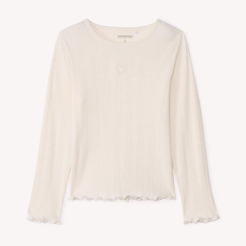 T-shirt manches longues côtelé brodé cœur fille 