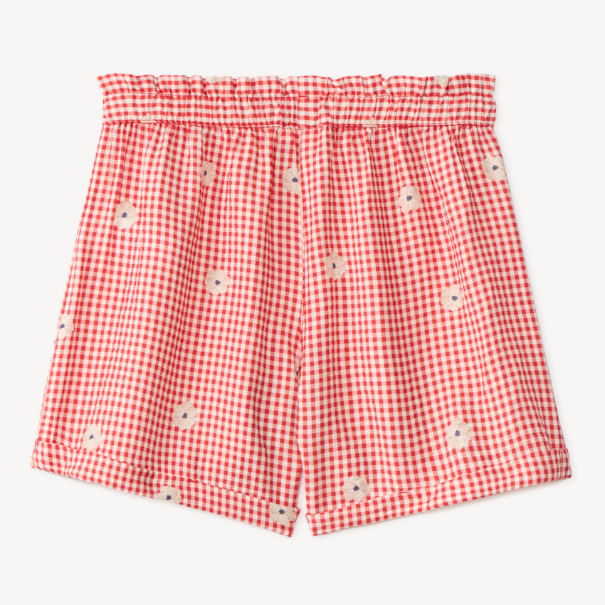 Kort meisje met vichy-stijl en geborduurde bloemen 
