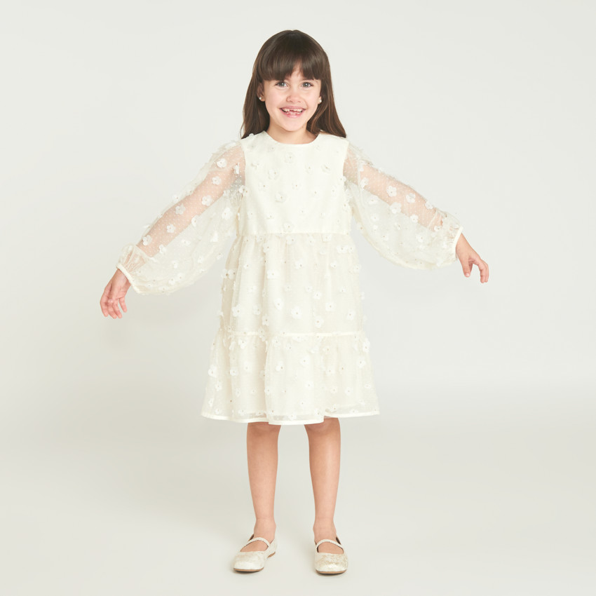 Robe à manches longues en toile avec fleurs 3D pour fille 