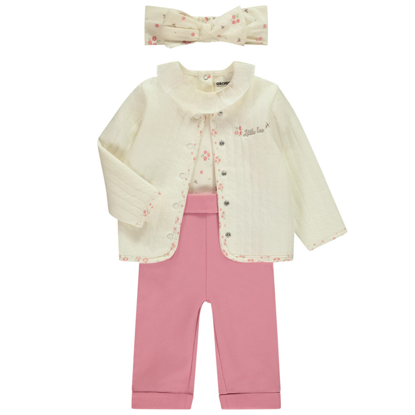 Ensemble 4 pièces bandeau + gilet matelassé avec body et pantalon pour bébé fille 