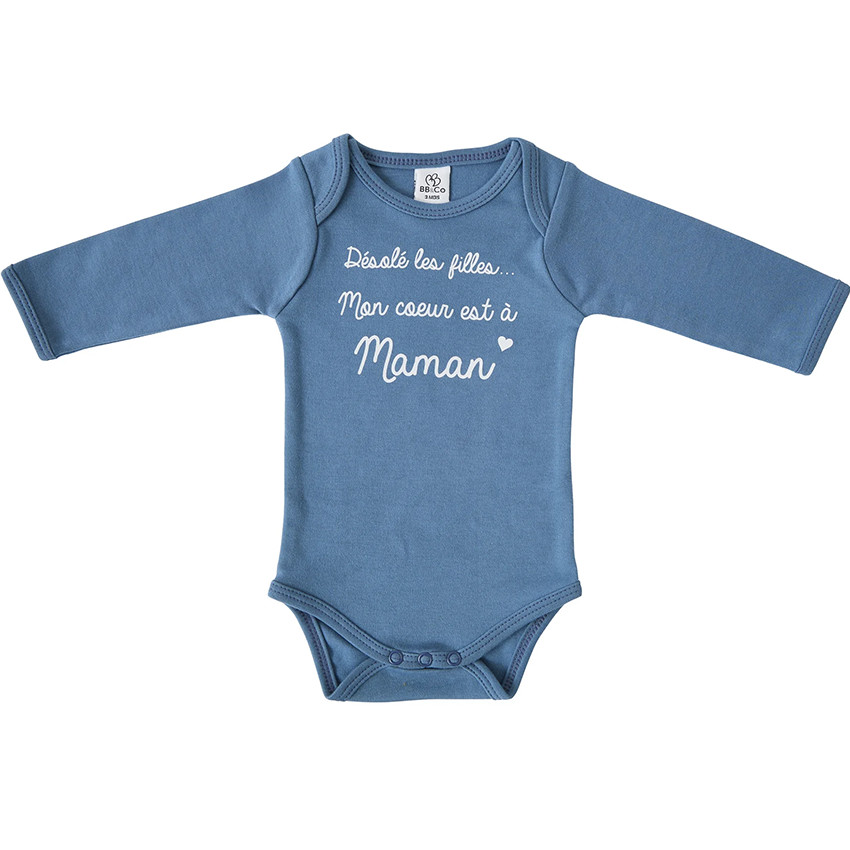 Body met lange mouwen - “Mon coeur est à maman” - Stone blue - 3m 