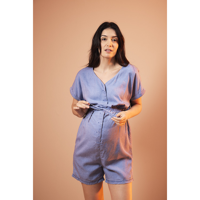 Combishort de grossesse à manches courtes en lyocell effet jean  