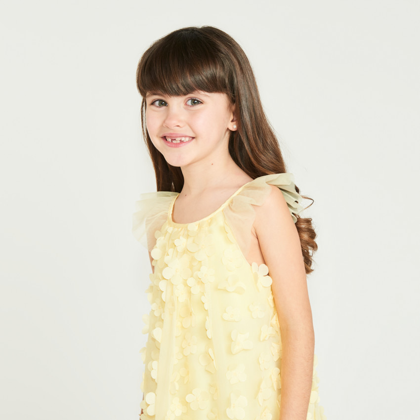 Robe uni en tulle et satin avec petites fleurs 3D pour fille  