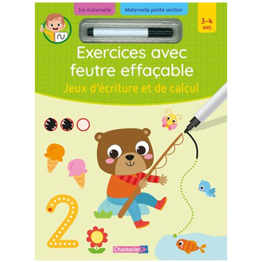 Livre d'exercices FR - Feutre effaçable - Jeu d'écriture/calcul - 3/4ans 