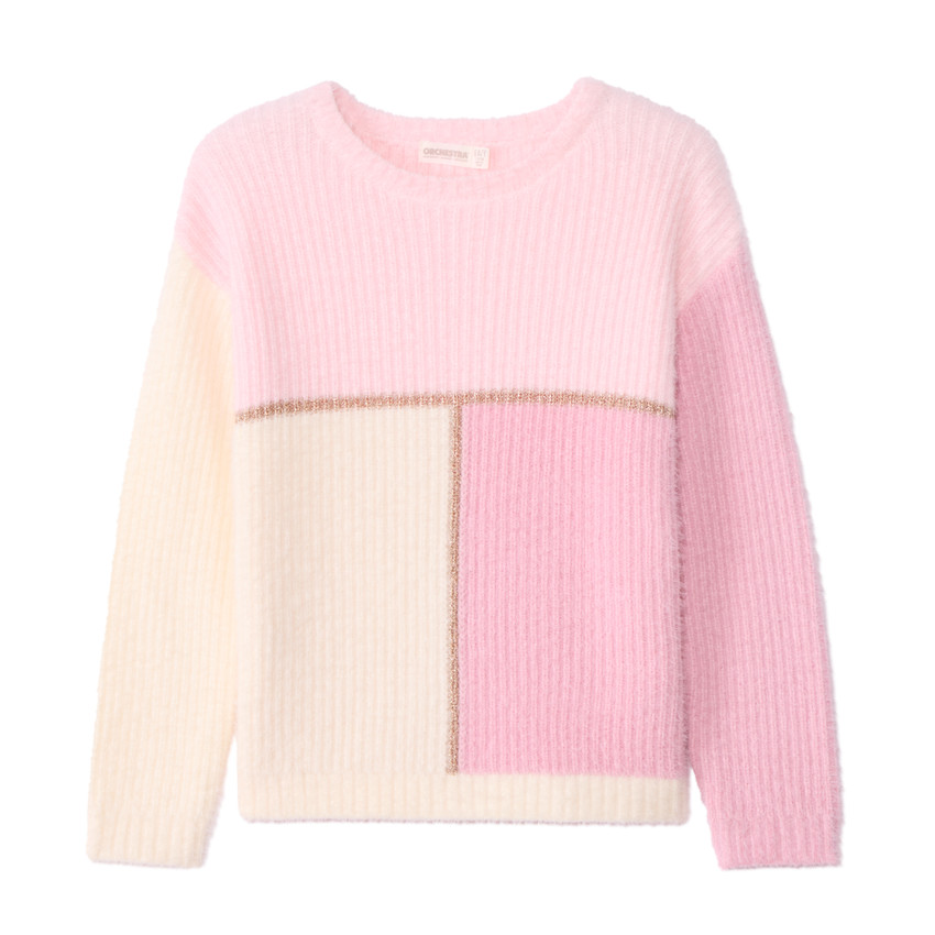 Trui met lange mouwen in gebreide stof met pluizig effect, tricolore voor meisjes 