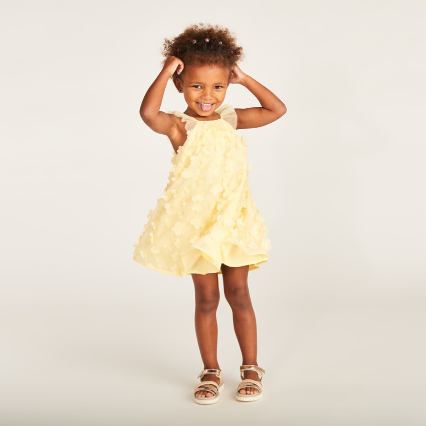 Effen tule en satijnen jurk met 3D bloemen voor babymeisjes 