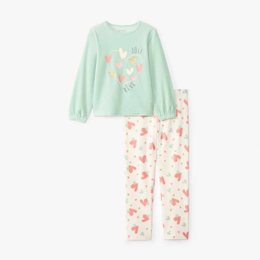 Set pyjama 2 pièces en velours cœurs fantaisies fille 
