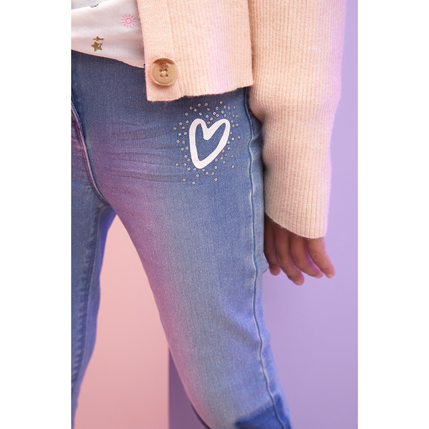 Jeans slim in denim met patchwork-effect en strass voor meisjes 