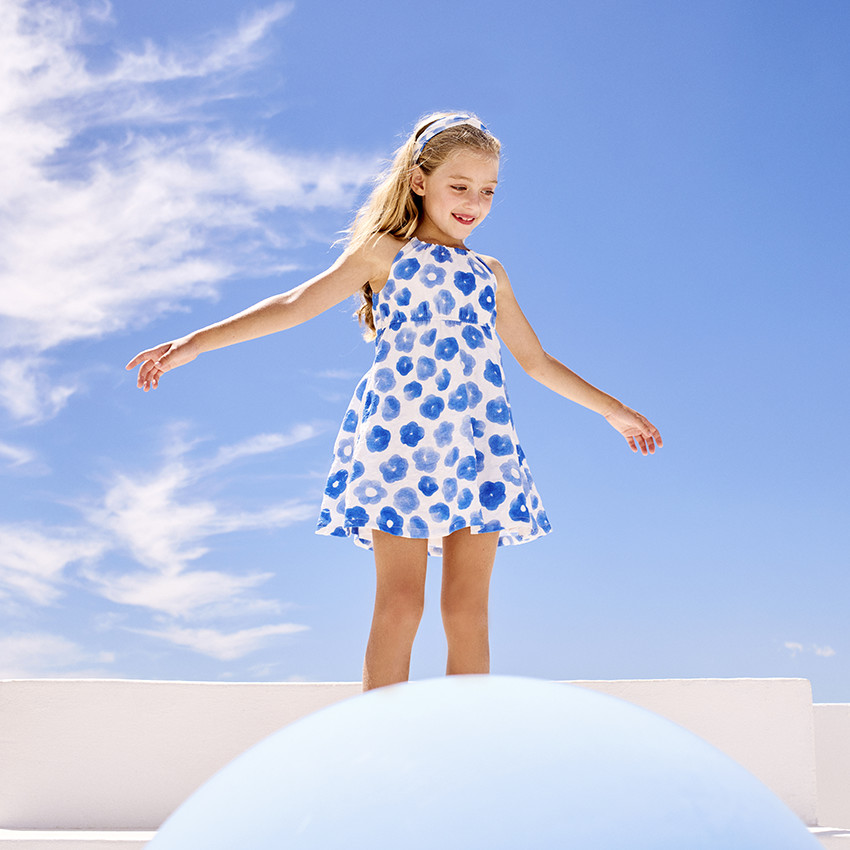 Robe sans manches imprimé floral et taille à nouer pour fille 