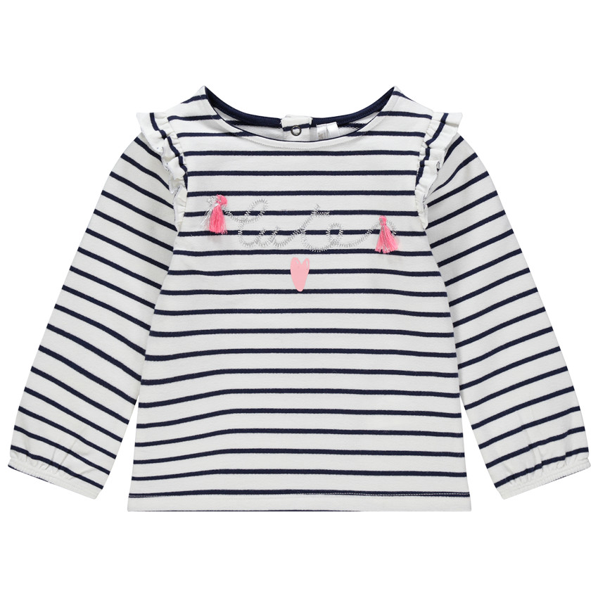 Marinière à volants et texte brodé à pompons 