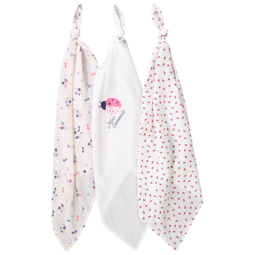Lot de 3 langes en coton print coccinelle pour bébé fille 