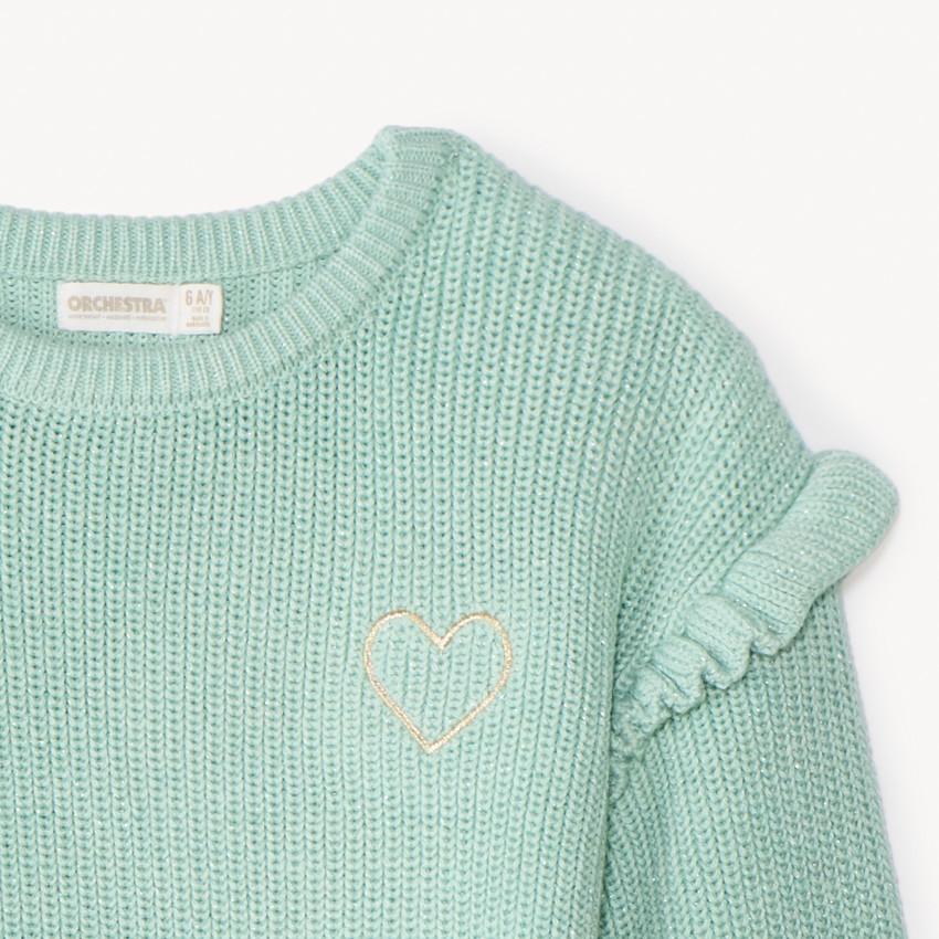 Pull en tricot perlé uni brodé cœur pour fille 