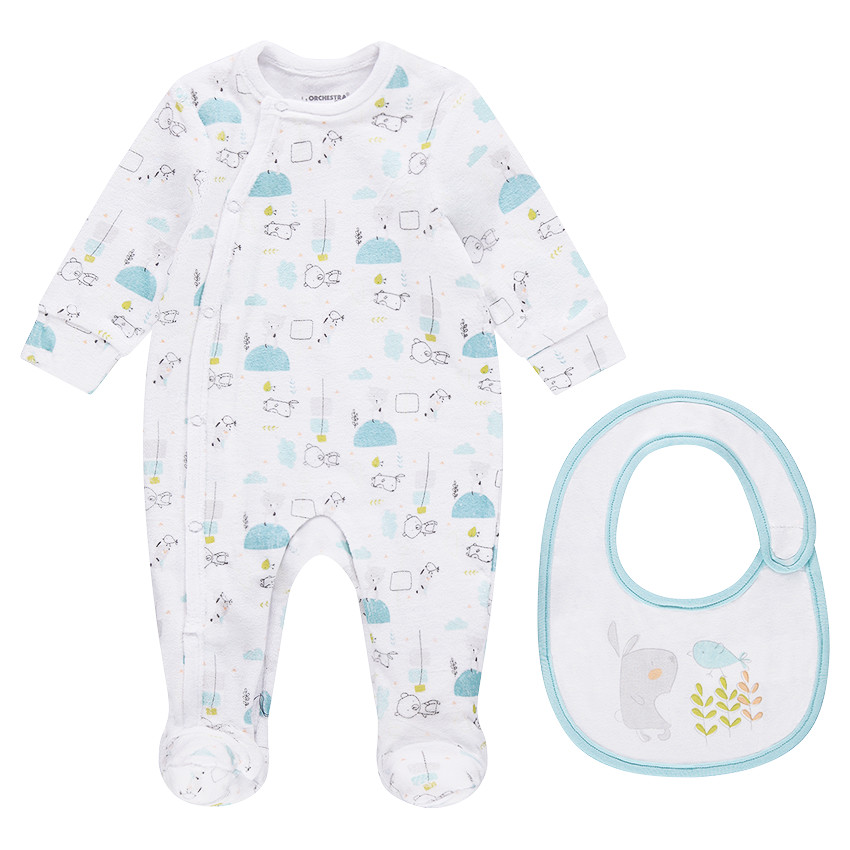 Lot avec dors-bien en velours imprimé all-over et bavoir en jersey avec lapin printé 