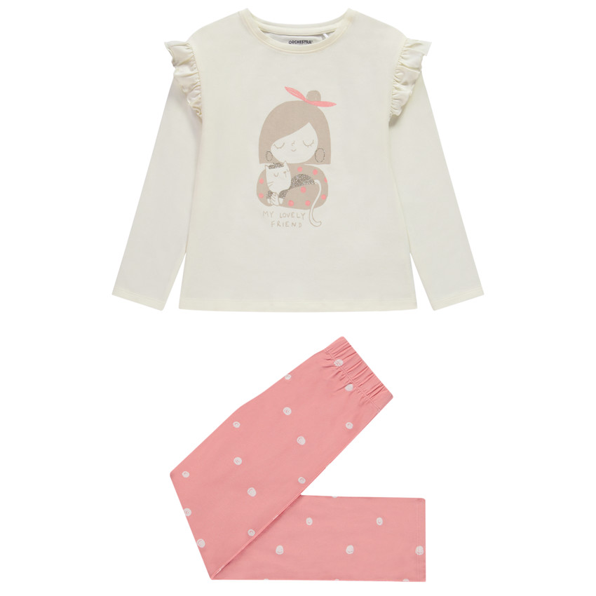 Pyjama 2-delig met t-shirt met ruches + bedrukte broek voor meisjes 