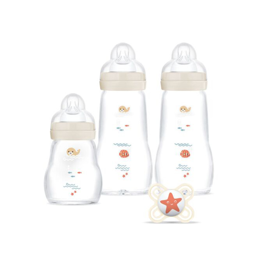 Coffret de 3 biberons en verre + 1 sucette anatomique 