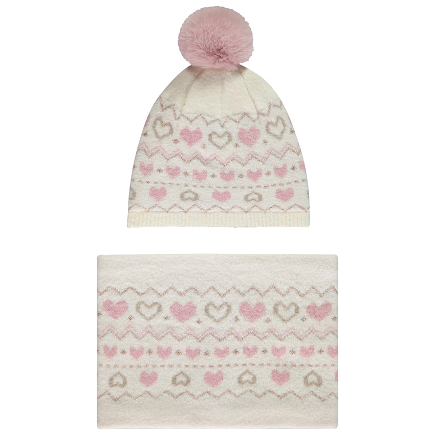 Ensemble bonnet + snood en tricot fantaisie avec pompon fille 