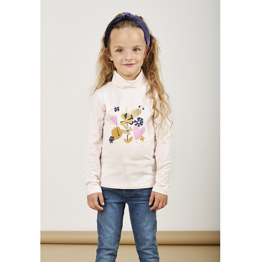 Sous-pull col roulé en jersey avec print fantaisie fille 