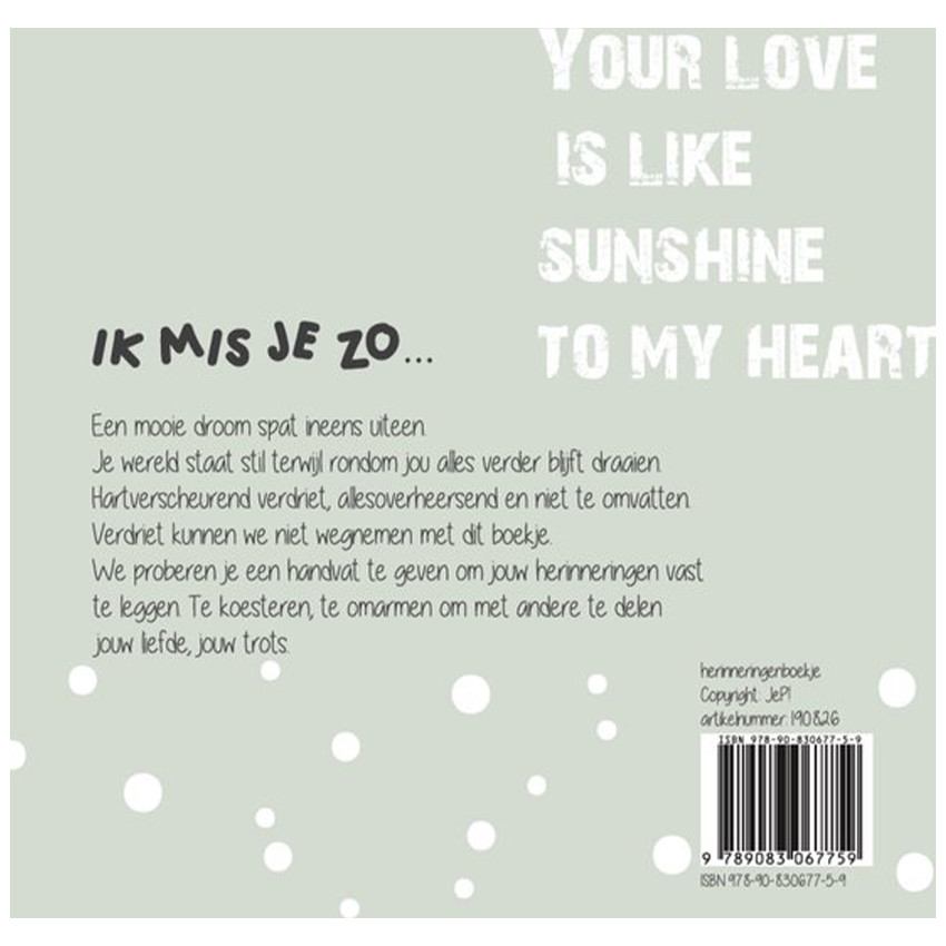 Livre "Tu me manques tellement" Texte Néerlandais" Vert Tendre 