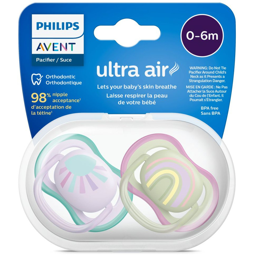 Lot de 2 sucettes silicone Ultra Air 0-6M soleil/arc-en-ciel 