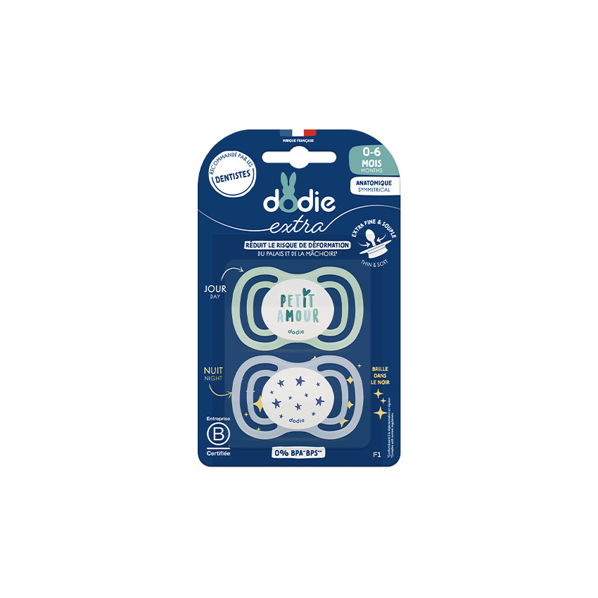 Lot de 2 sucettes en silicone anatomique extra fine jour et nuit 0-6M (modèle aléatoire) 