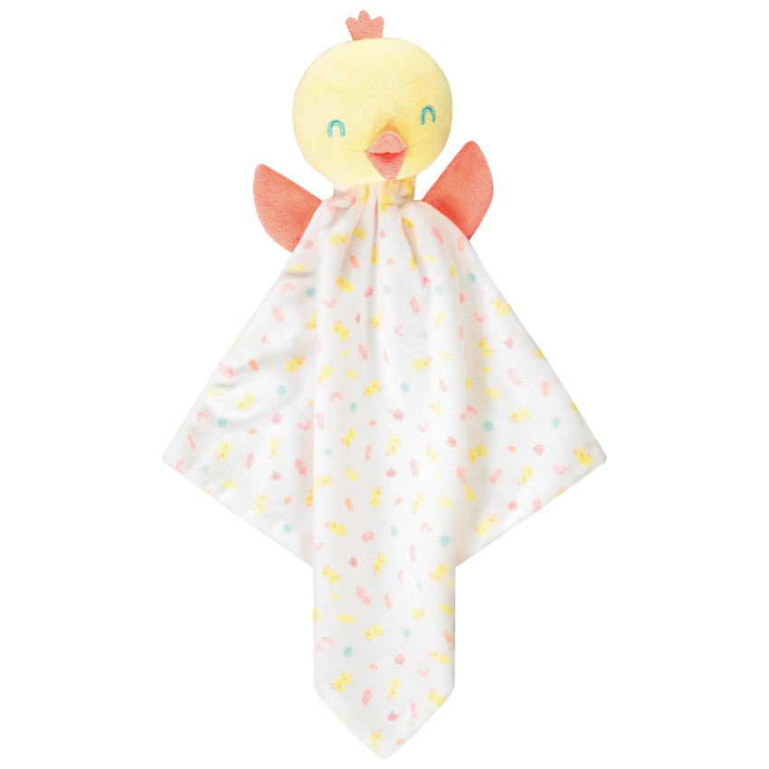 Doudou en velours et double gaze de coton petit poussin pour bébé 