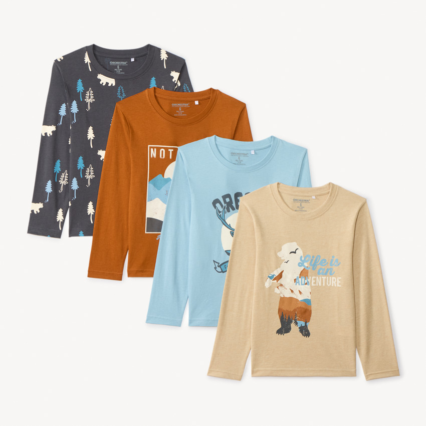 Set van 4 lange mouw shirts in jersey voor jongens, met effen kleuren en fantasieprints 