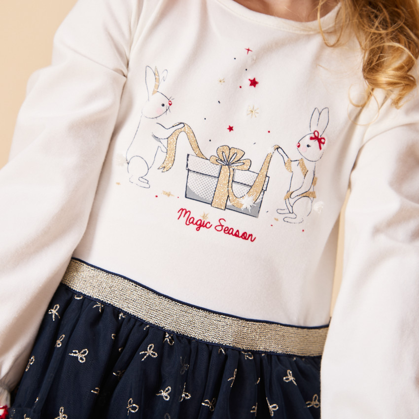 Robe de fête manches longues effet 2 en 1 bi-matière pour bébé fille 