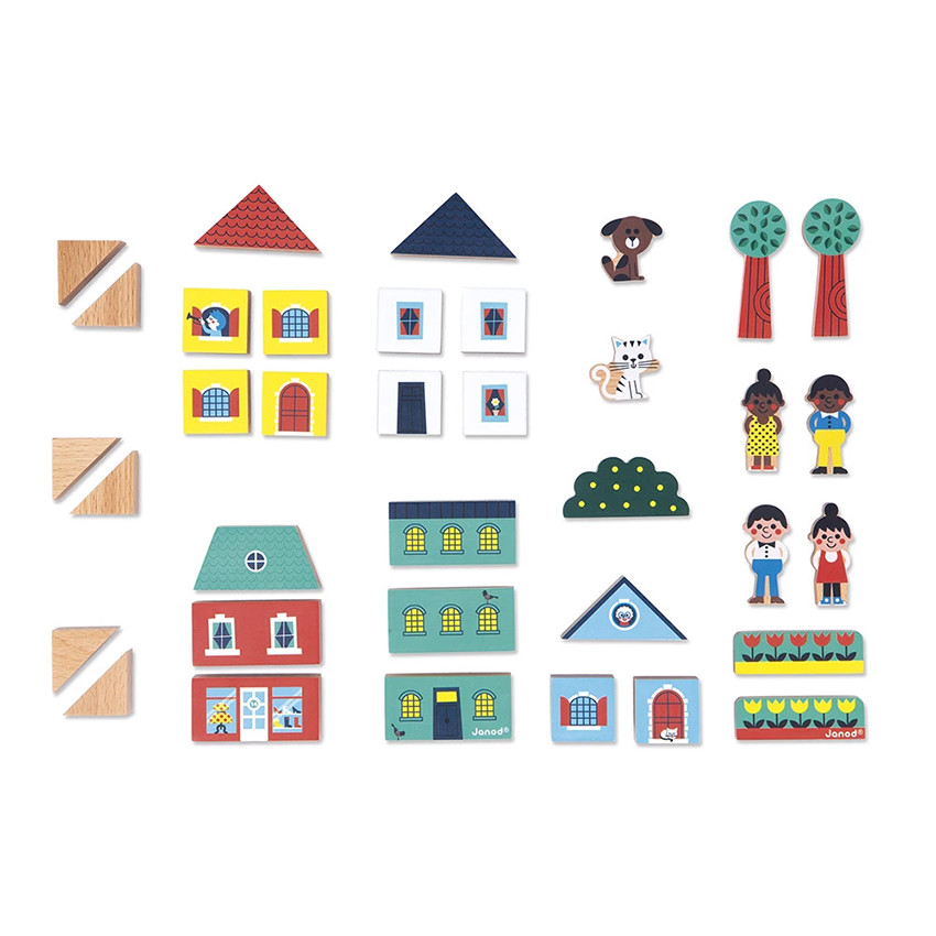 Set van 36 Houten Blokken City Cross Roads 