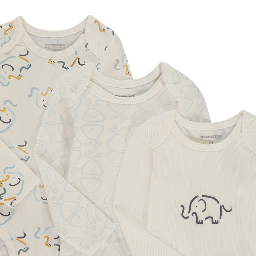 Lot de 7 bodies manches longues Éléphants pour bébé garçon avec ouvertures différentes selon l'âge 