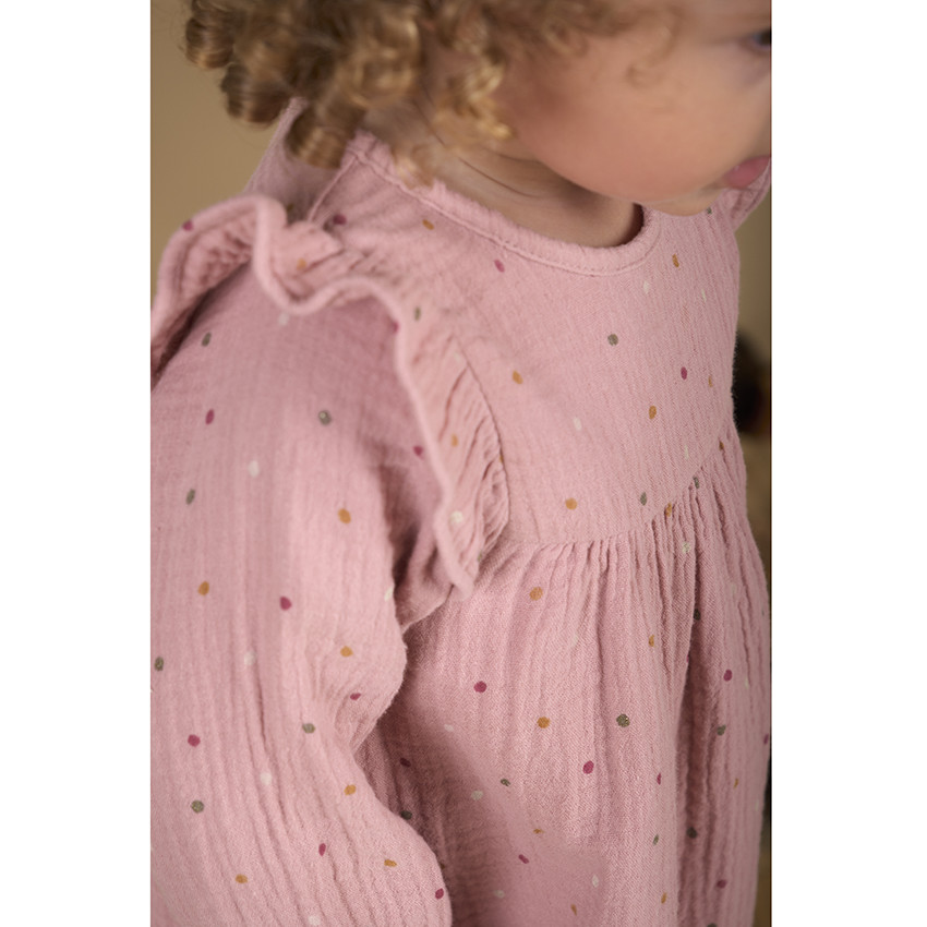 Robe manches longues en double gaze de coton imprimé pois pour bébé fille 