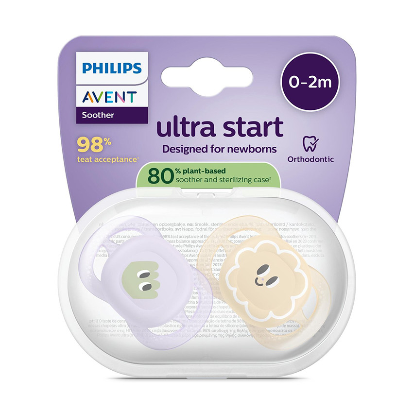 Lot de 2 sucettes silicone 0-2M Ultra Start décorées 