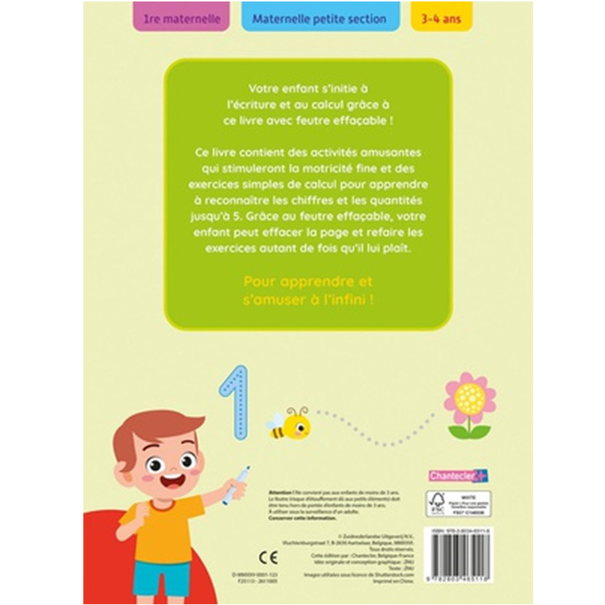Livre d'exercices FR - Feutre effaçable - Jeu d'écriture/calcul - 3/4ans 