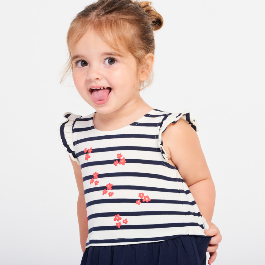 Gestreepte jurk met 2-in-1 effect en bloemenprint voor meisjes 