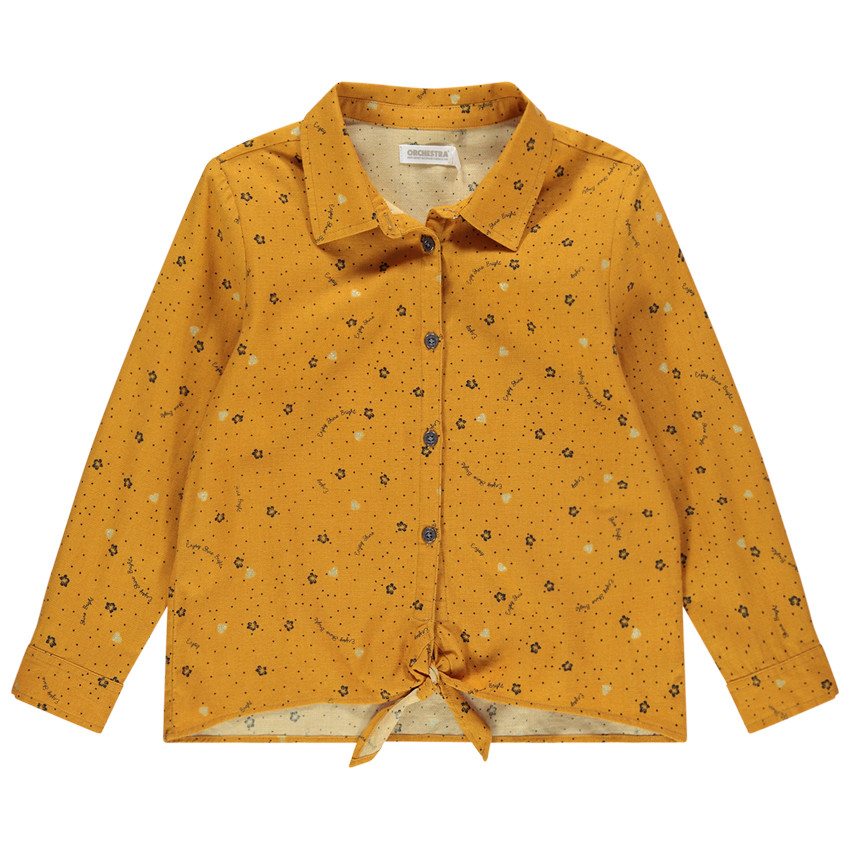 Chemise manches longues jaune à nouer et imprimé floral all-over 