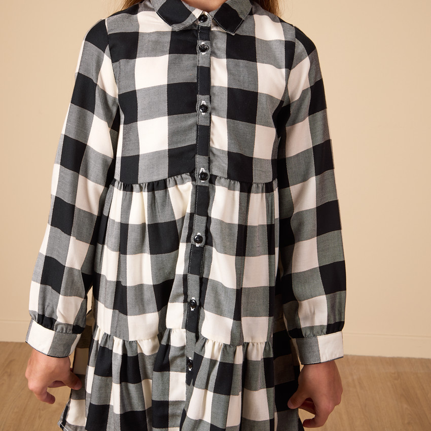 Robe manches longues à carreaux et col chemise pour fille 