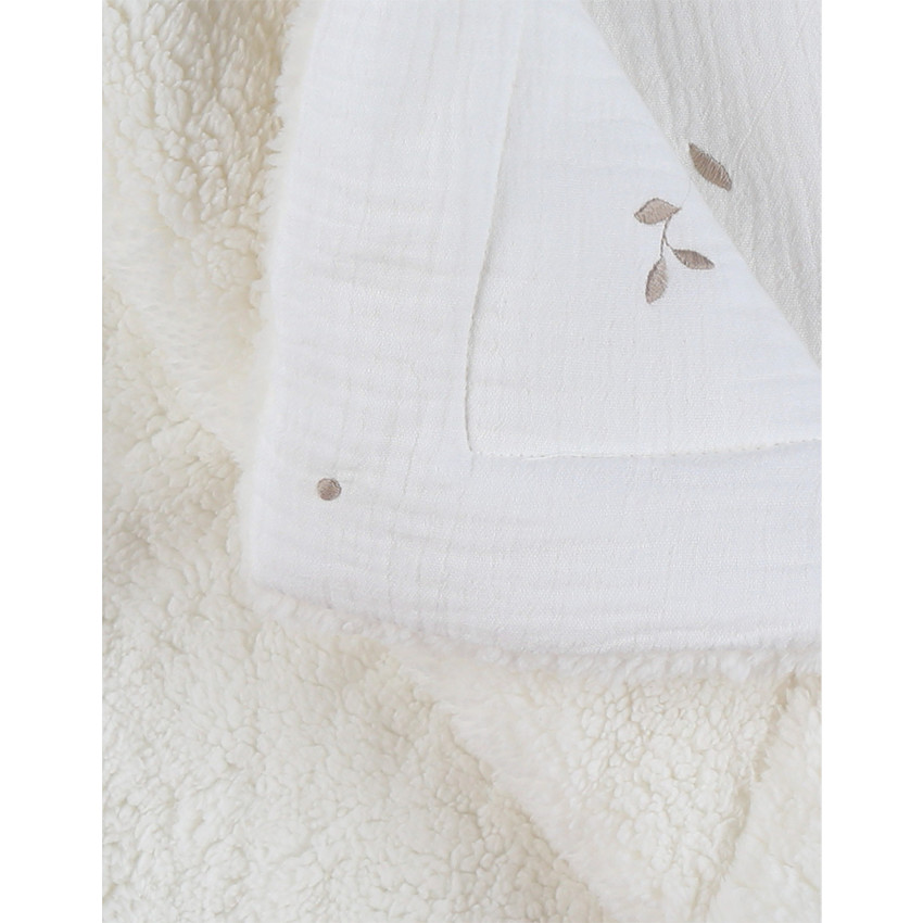 Deken geborduurd bladeren 100x140cm Mousseline & Sherpa Wit  