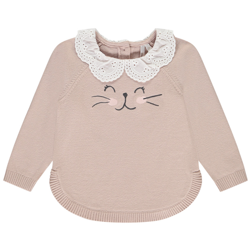 Pull chat en tricot avec col claudine brodé pour bébé fille 