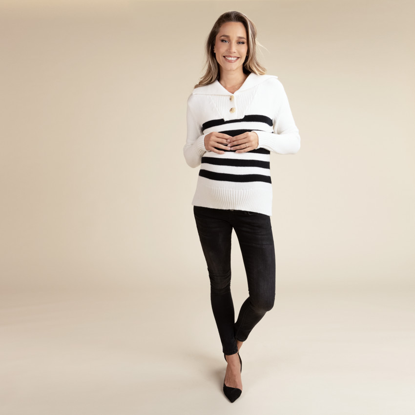 Pull en tricot rayé avec col à revers pour femme 