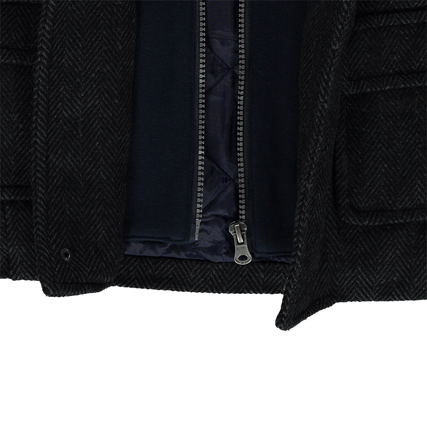 Duffelcoat met fleece en visgraatmotief en met kap van molton 