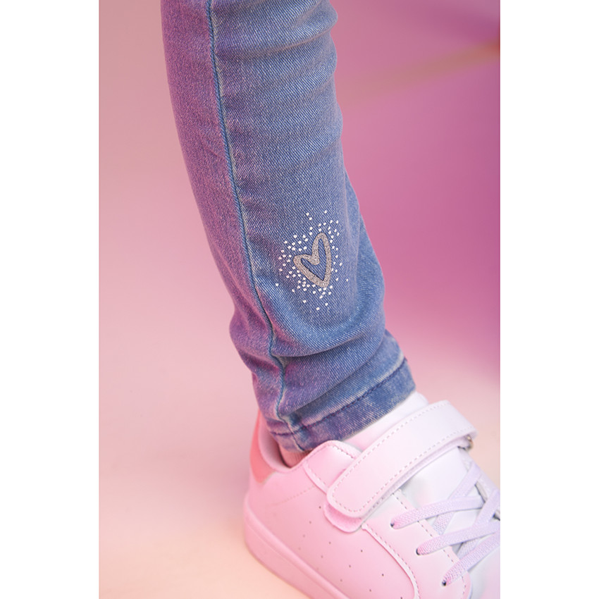 Jeans slim in denim met patchwork-effect en strass voor meisjes 