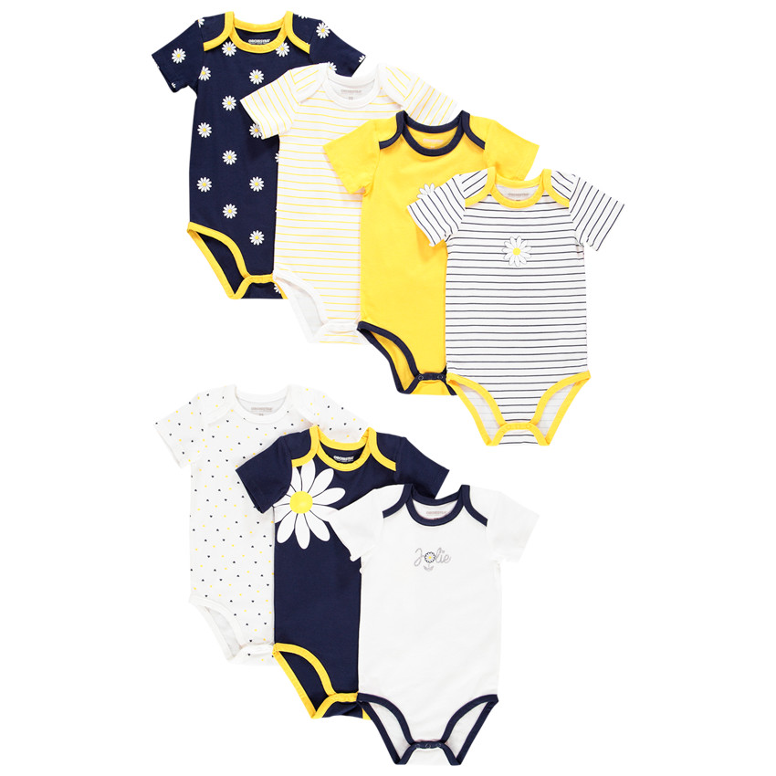 Lot de 7 bodies manches courtes en coton motif marguerites 