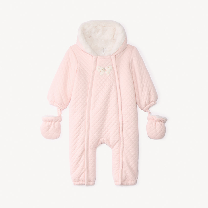 Pilotenpak in doorgestikt jersey, effen roos, voor babymeisje met verschillende afwerkingen per leeftijdsperiode 