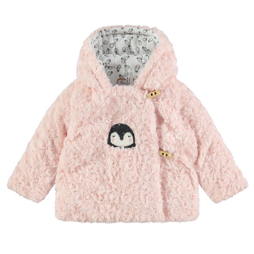 Veste à capuche en sherpa moutonnée avec pingouin brodé 