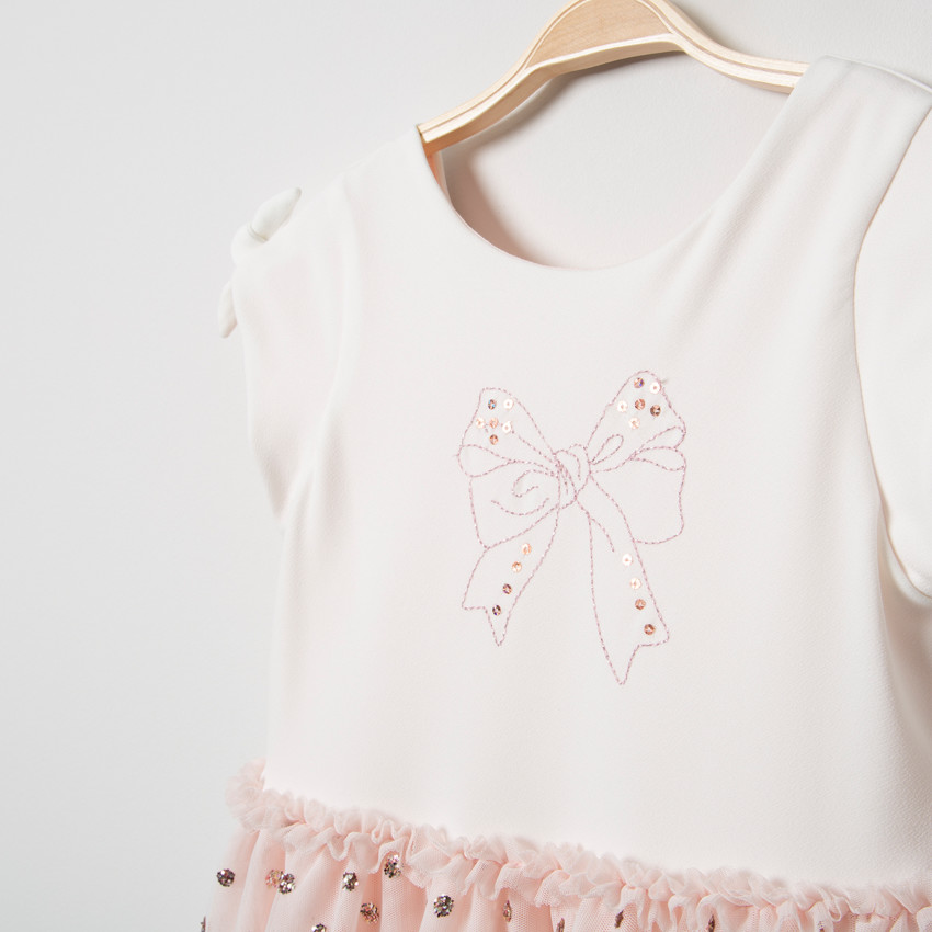 Robe de cérémonie bi-matière en tulle à pois pailletés 